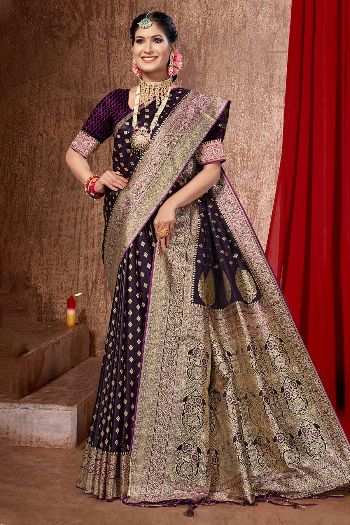 Wine Colour Woven Work Banarasi Silk Saree