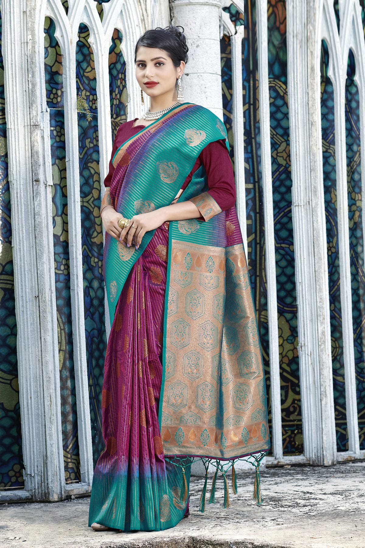 Wine Colour Woven Work Banarasi Silk Saree