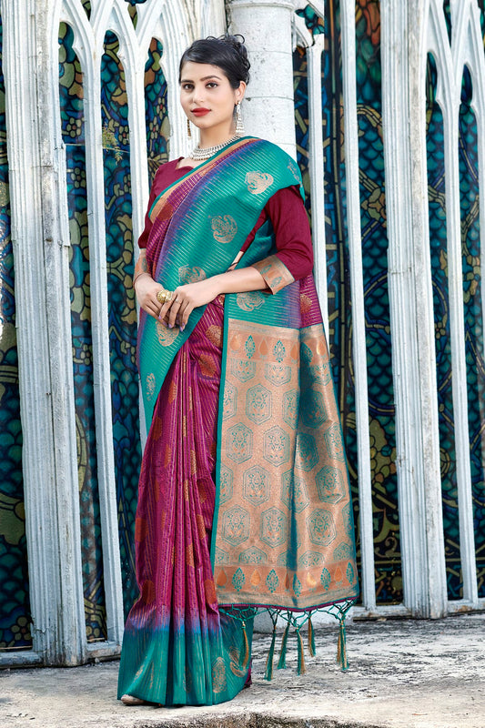 Wine Colour Woven Work Banarasi Silk Saree