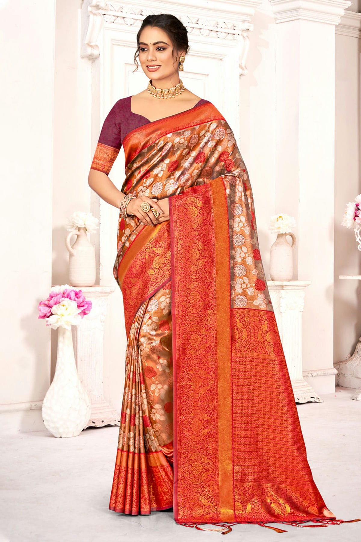 Wine Colour Woven Work Kanjivaram Silk Saree