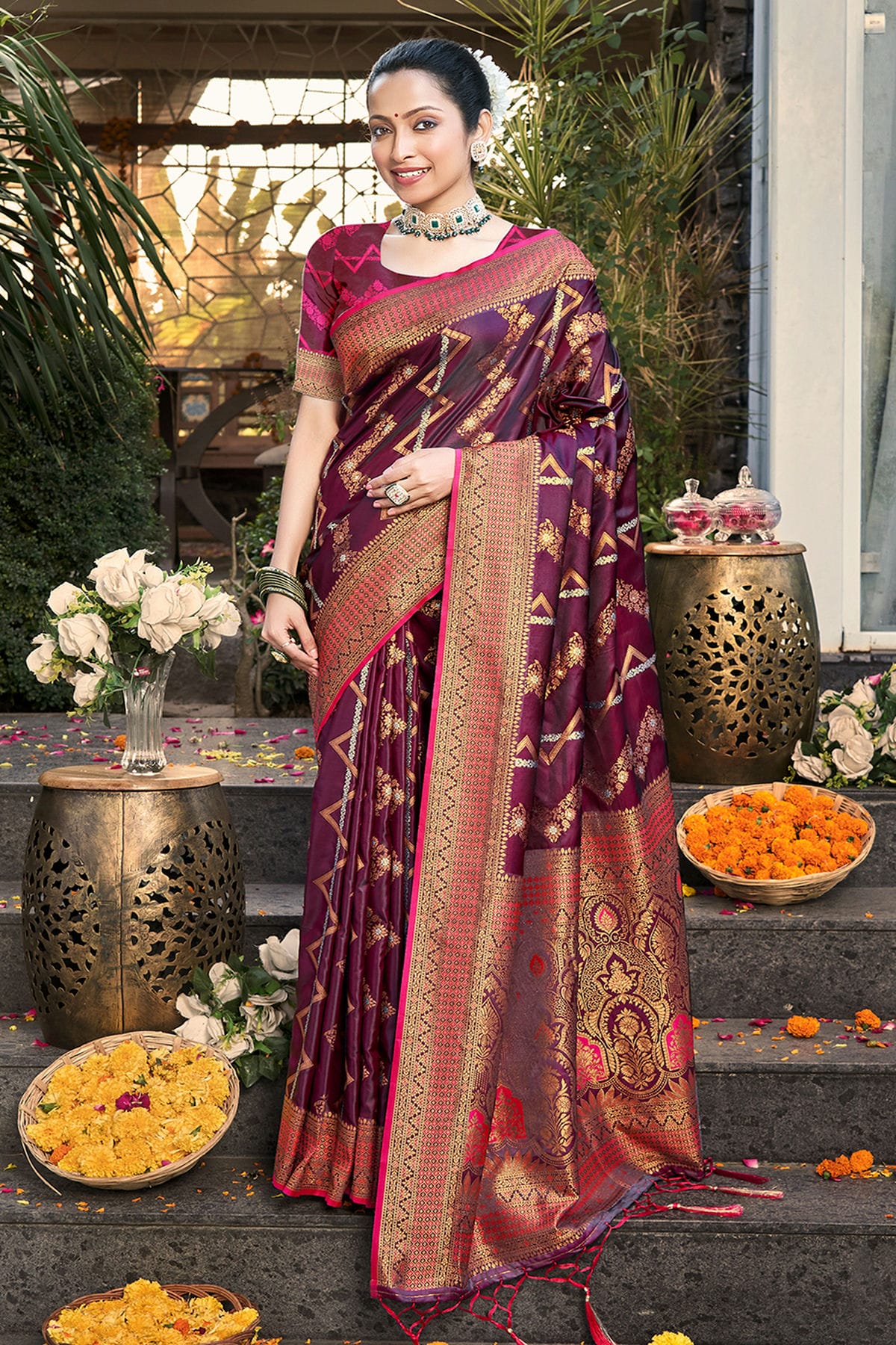 Wine Colour Woven Work Silk Saree