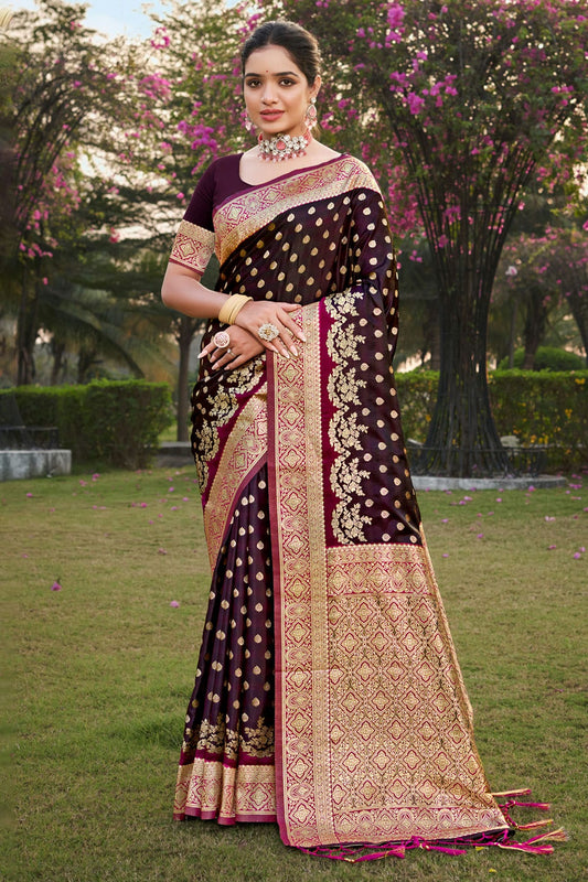 Wine Colour Woven Work Stain Silk Saree