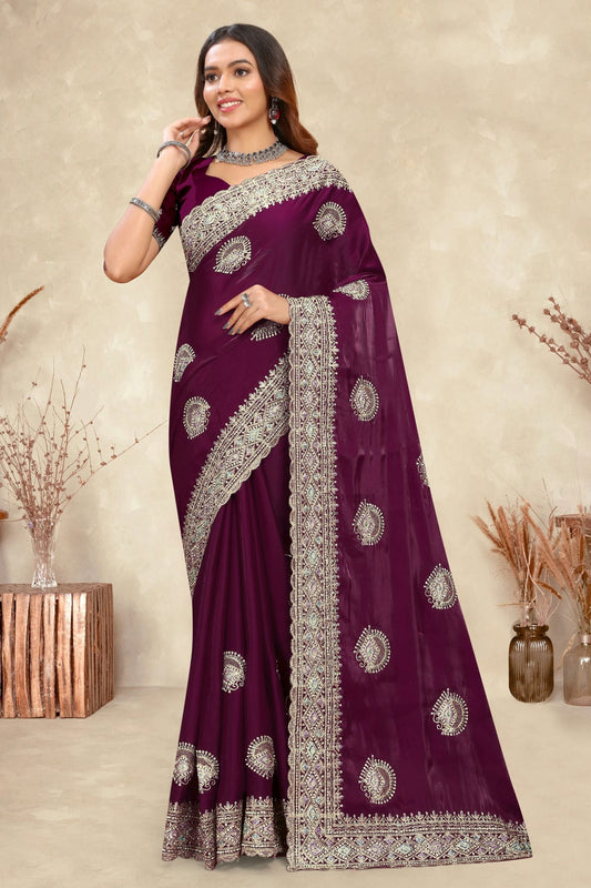 Wine Colour Crepe Silk Saree