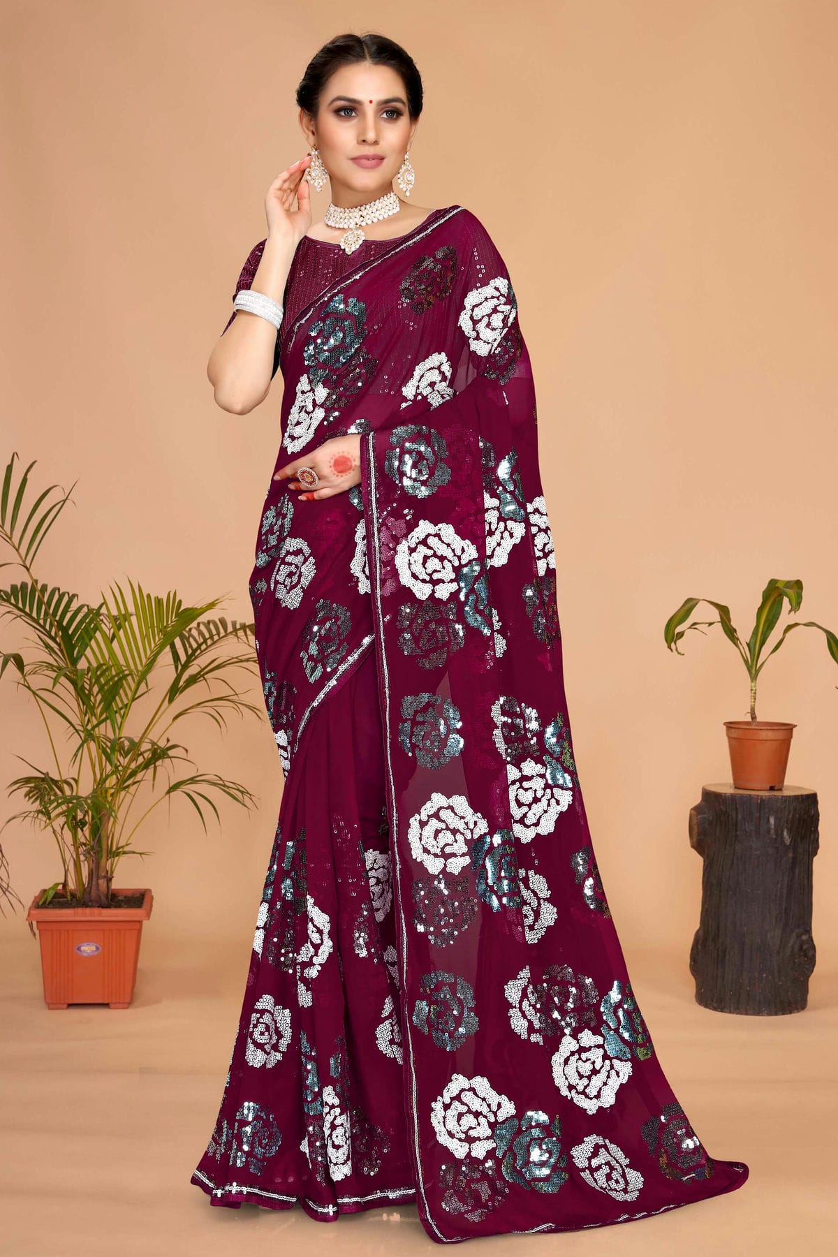 Wine Colour Georgette Saree