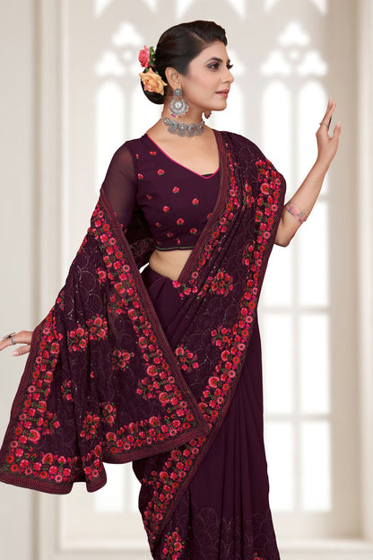 Wine Colour Georgette Saree