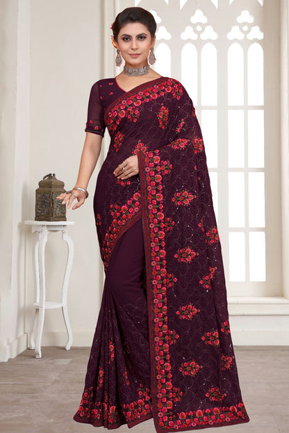 Wine Colour Georgette Saree