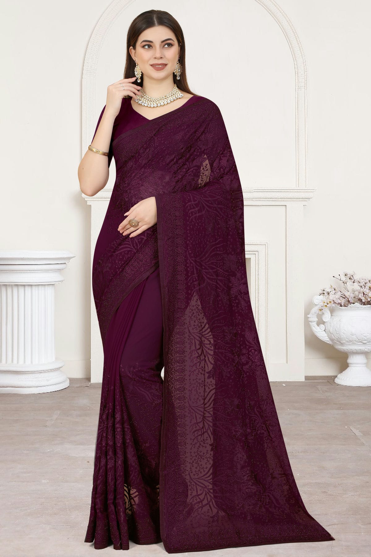 Wine Colour Georgette Saree