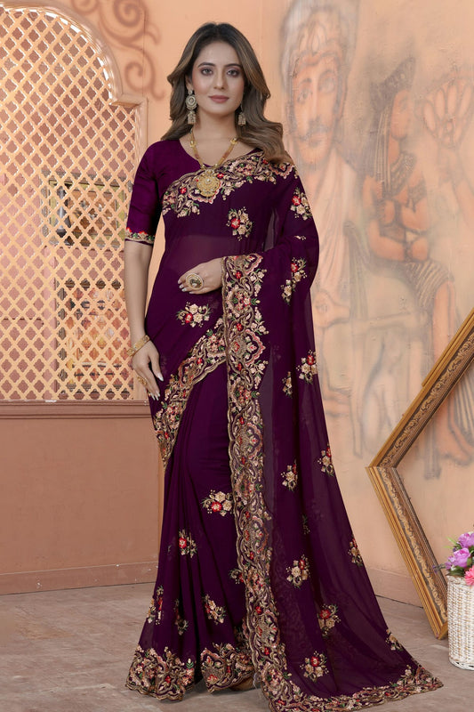 Wine Colour Georgette Saree