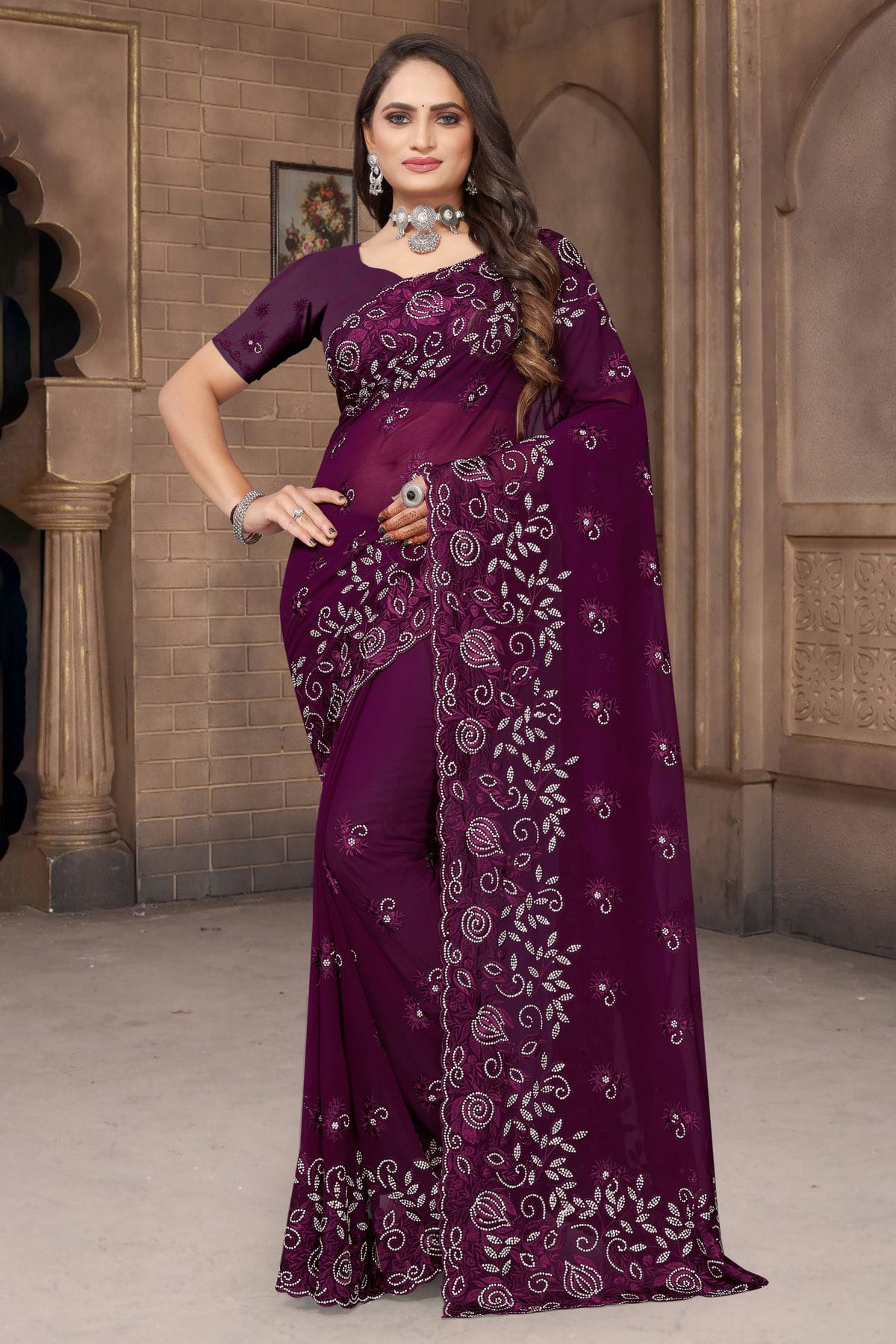 Wine Colour Georgette Saree