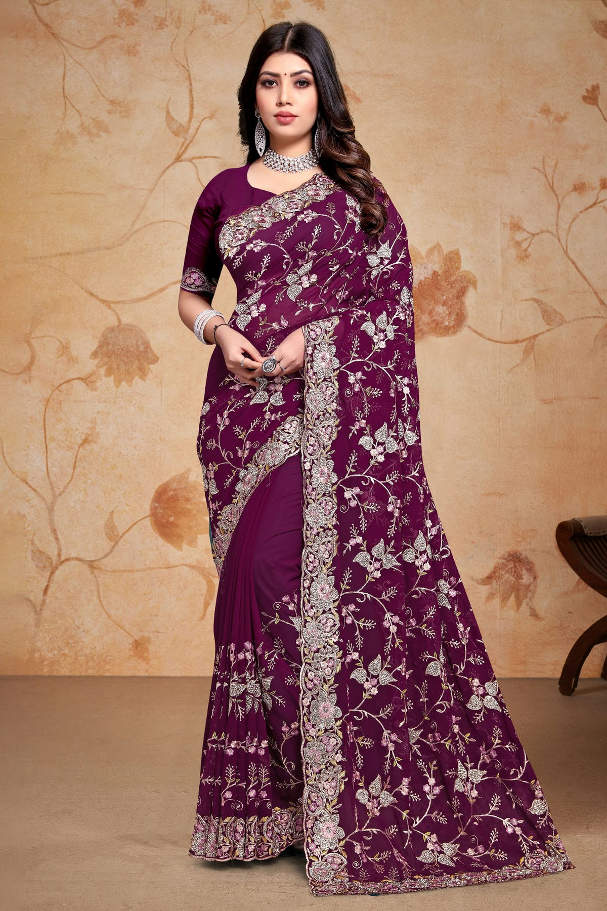 Wine Colour Georgette Saree