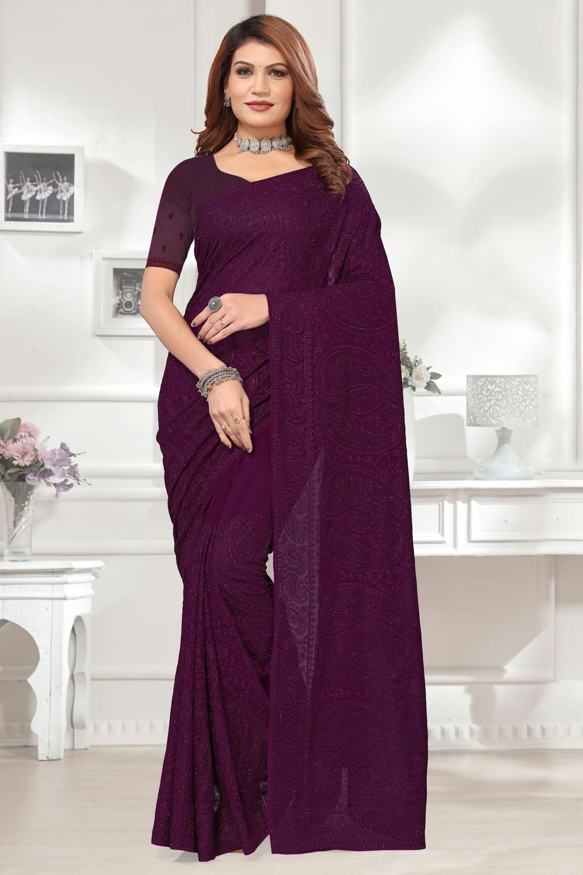 Wine Colour Georgette Saree