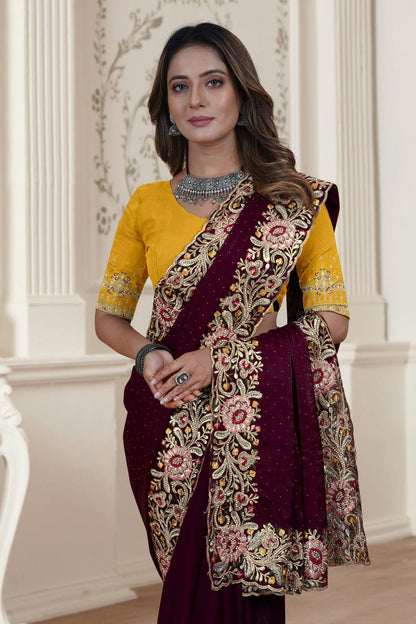 Wine Colour Satin Silk Saree