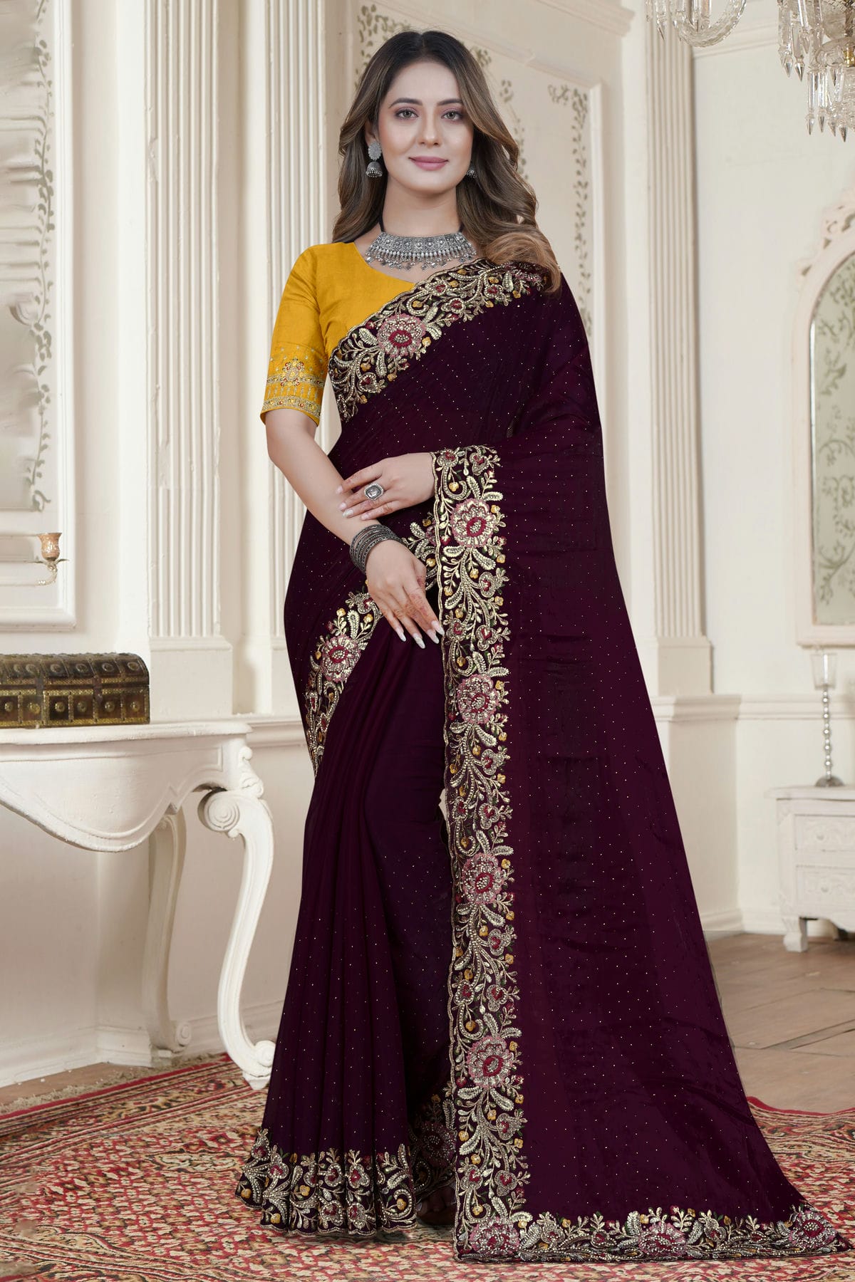 Wine Colour Satin Silk Saree