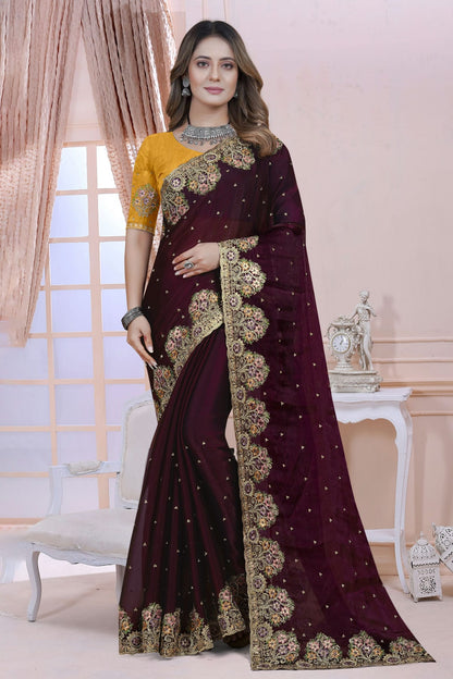 Wine Colour Satin Silk Saree