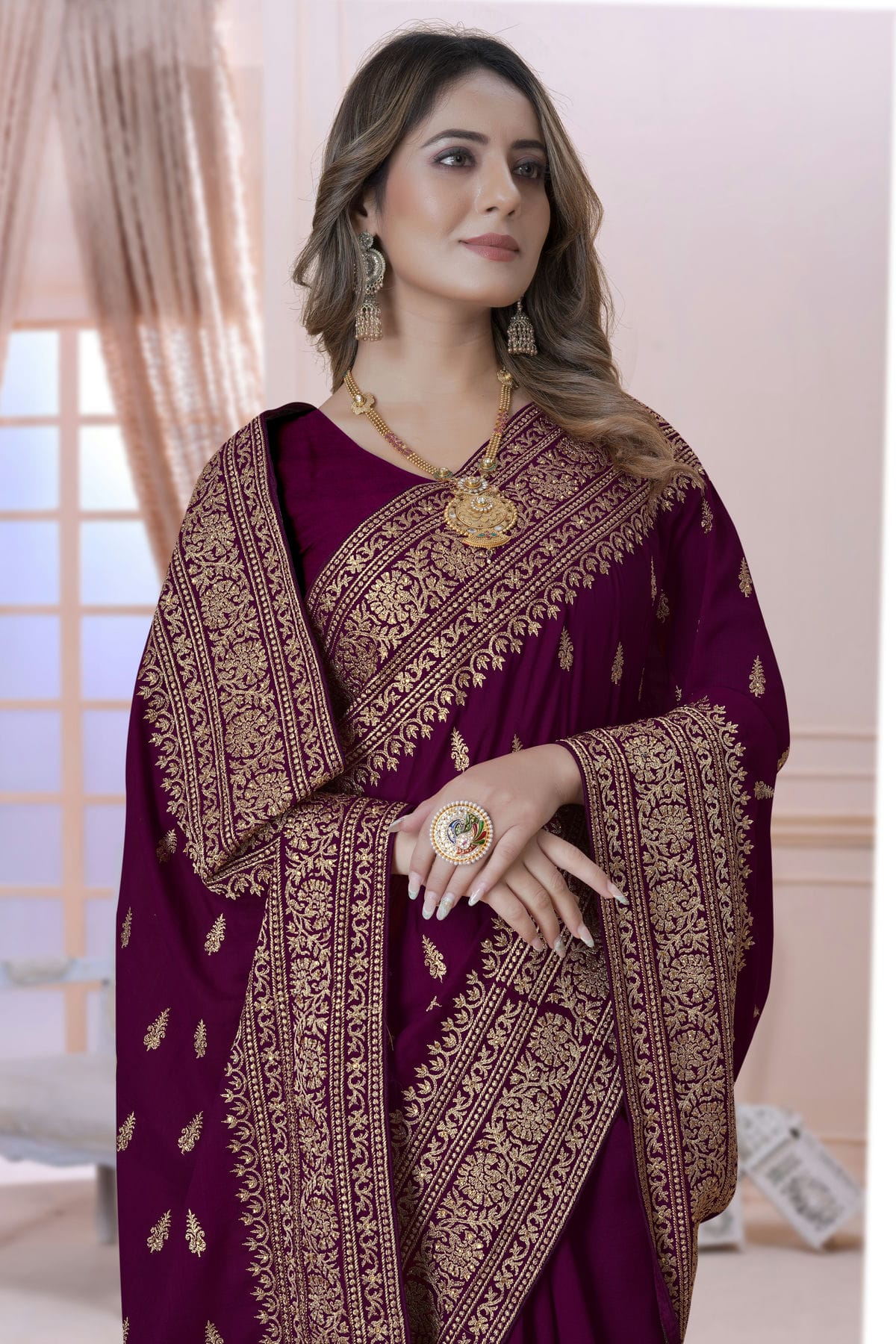 Wine Colour Vichitra Silk Saree