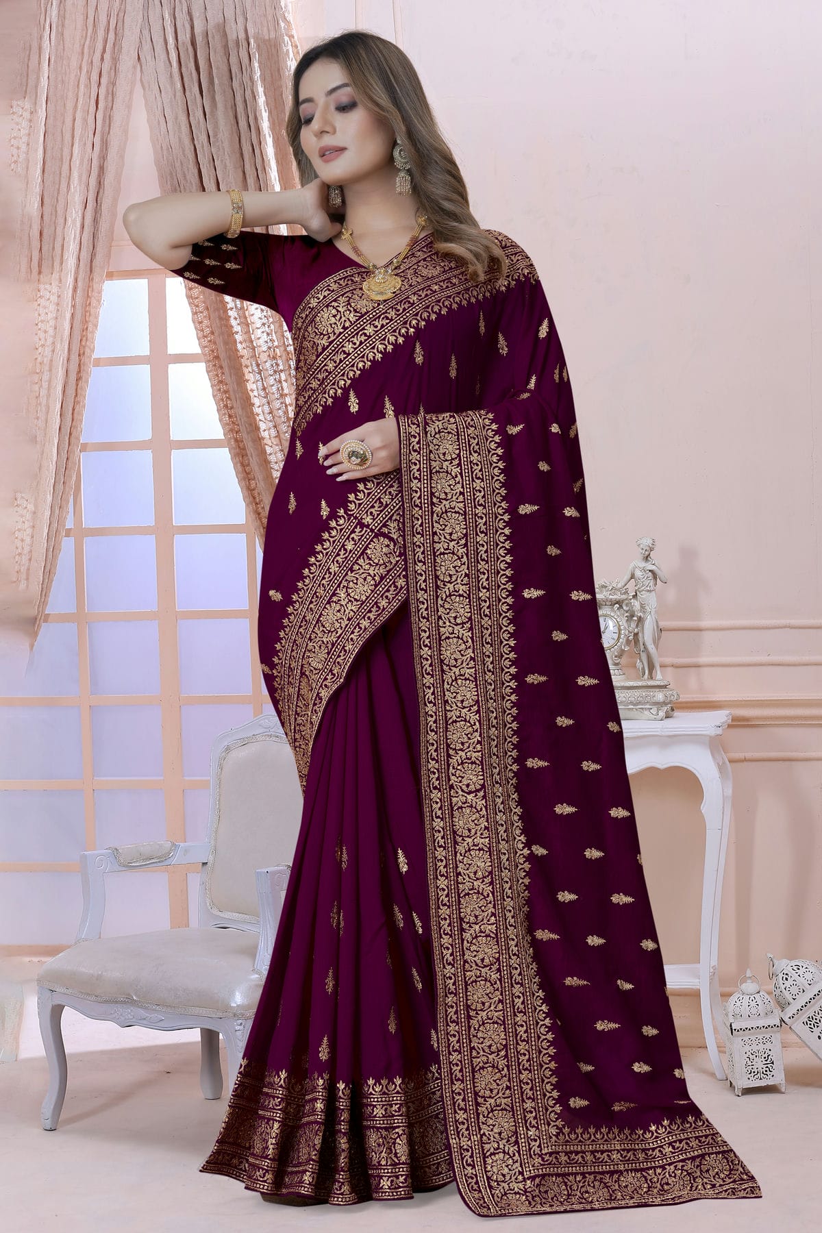 Wine Colour Vichitra Silk Saree