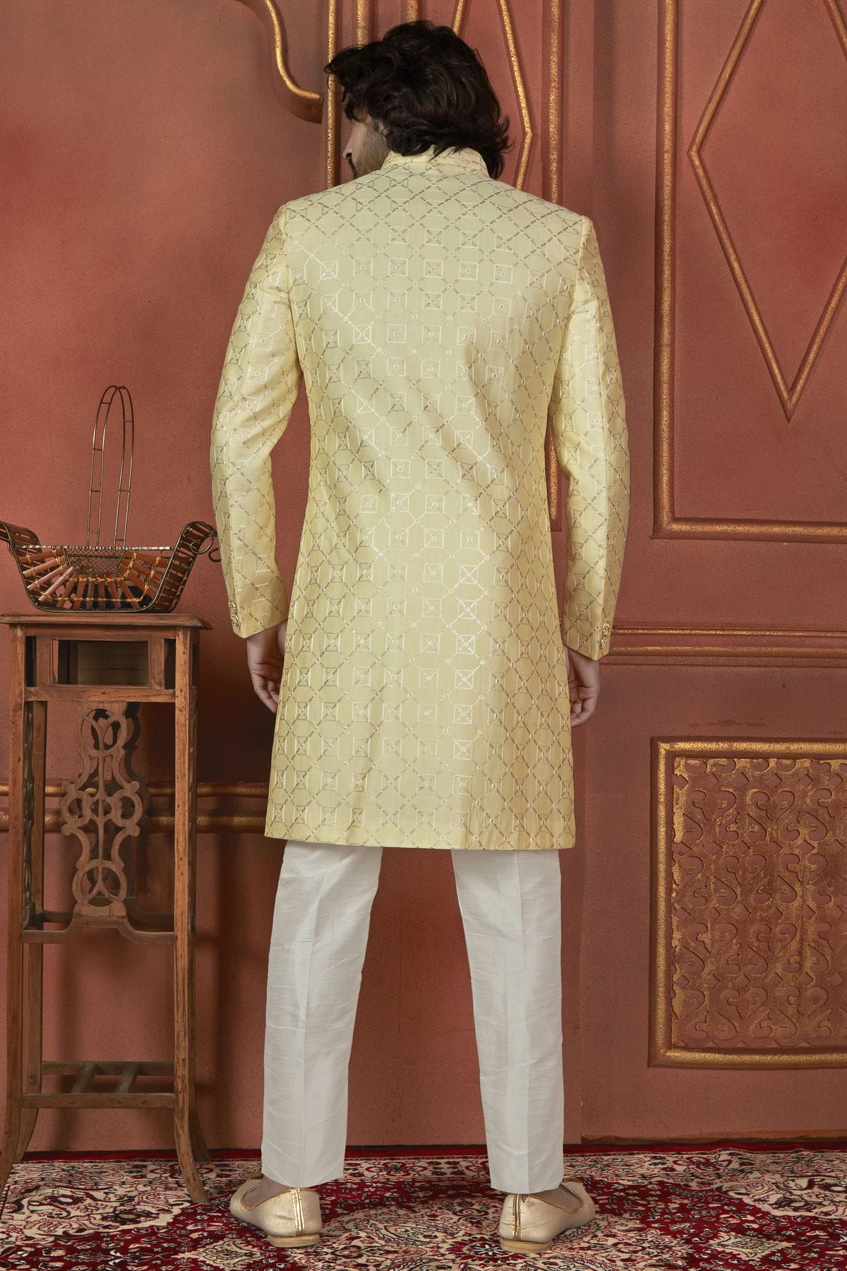 Yellow Colour Art Silk Indowestern Sherwani With Aligadhi Pant