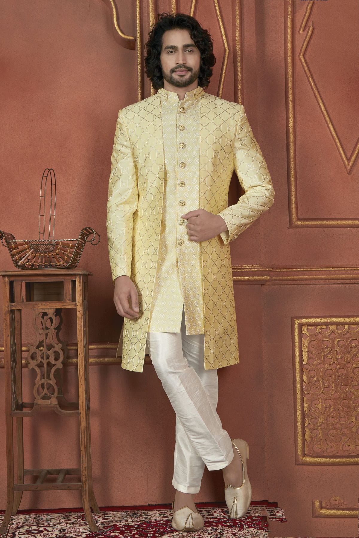 Yellow Colour Art Silk Indowestern Sherwani With Aligadhi Pant