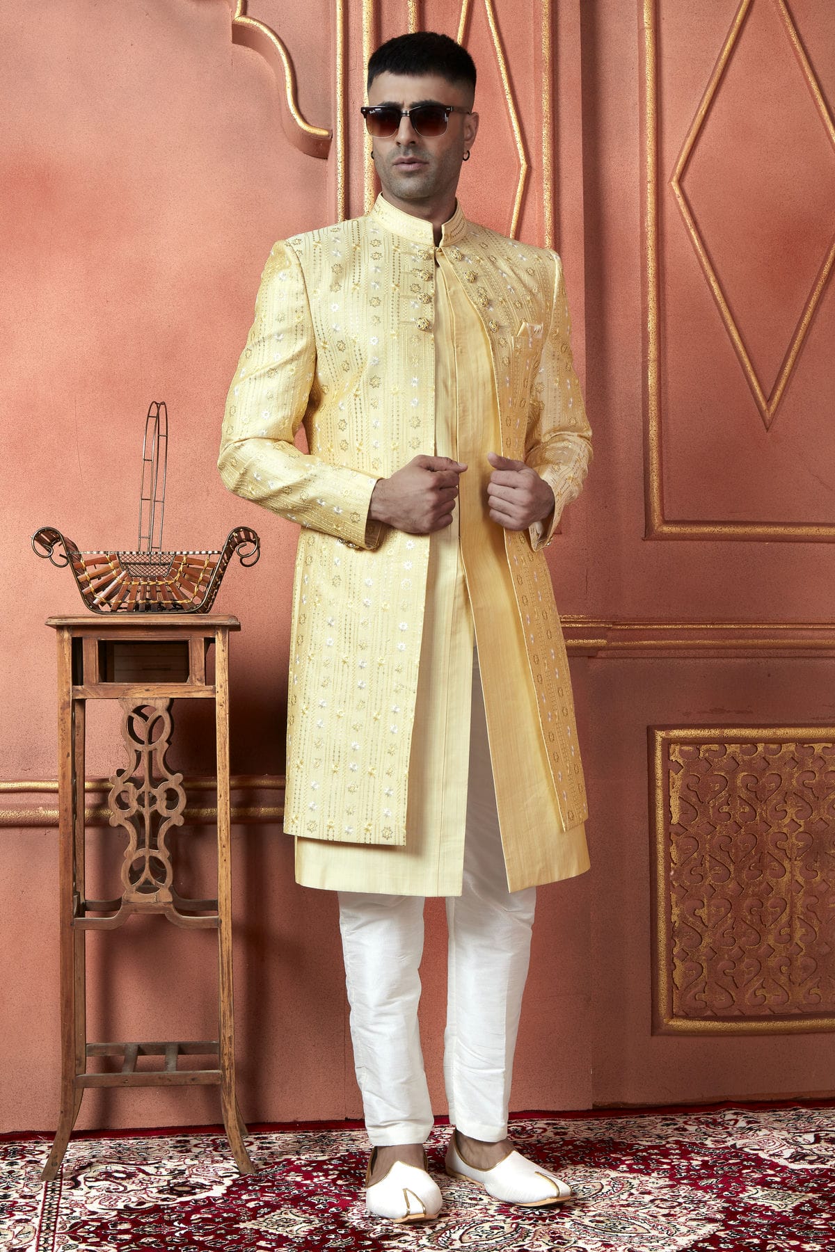 Yellow Colour Art Silk Indowestern Sherwani With Aligadhi Pant VSSH1230091