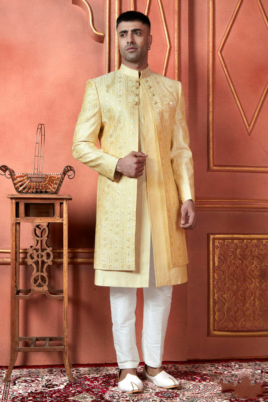 Yellow Colour Art Silk Indowestern Sherwani With Aligadhi Pant