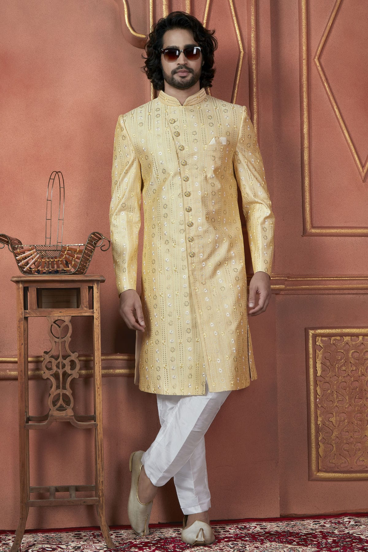 Yellow Colour Art Silk Indowestern Sherwani With Aligadhi Pant VSSH1230096