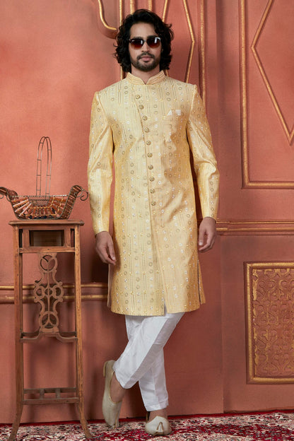 Yellow Colour Art Silk Indowestern Sherwani With Aligadhi Pant VSSH1230096