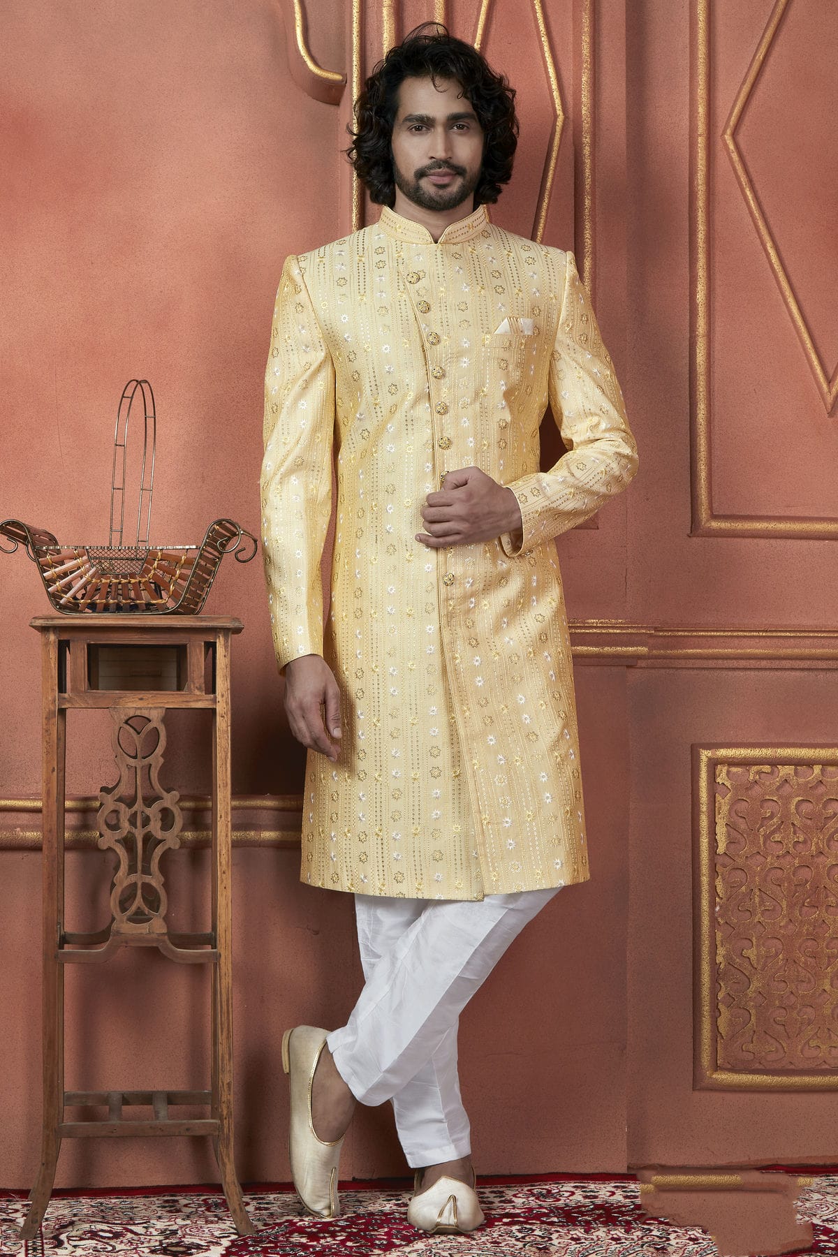 Yellow Colour Art Silk Indowestern Sherwani With Aligadhi Pant