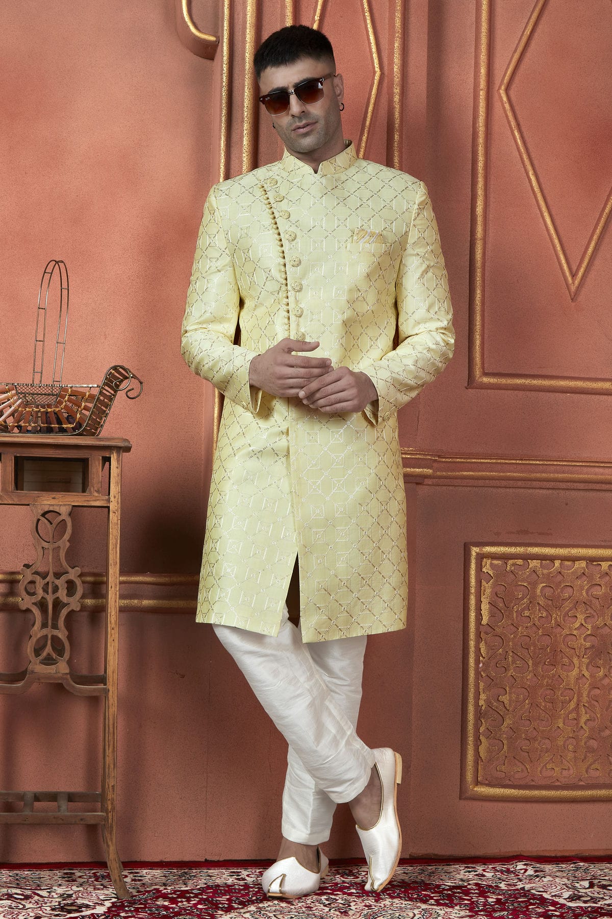 Yellow Colour Art Silk Indowestern Sherwani With Aligadhi Pant VSSH1230098