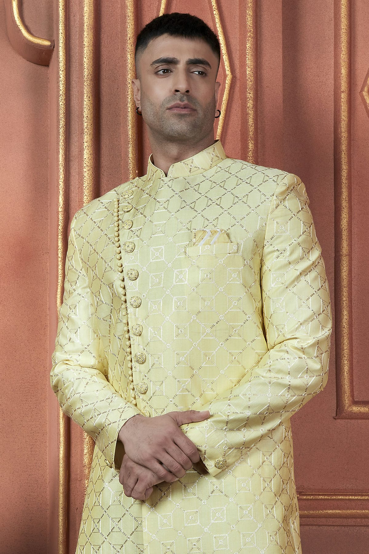 Yellow Colour Art Silk Indowestern Sherwani With Aligadhi Pant VSSH1230098