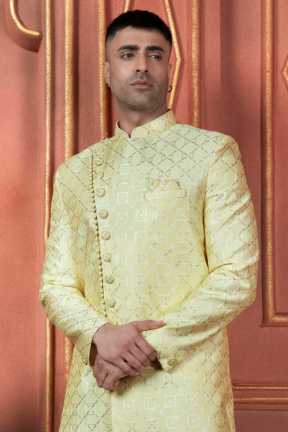 Yellow Colour Art Silk Indowestern Sherwani With Aligadhi Pant VSSH1230098