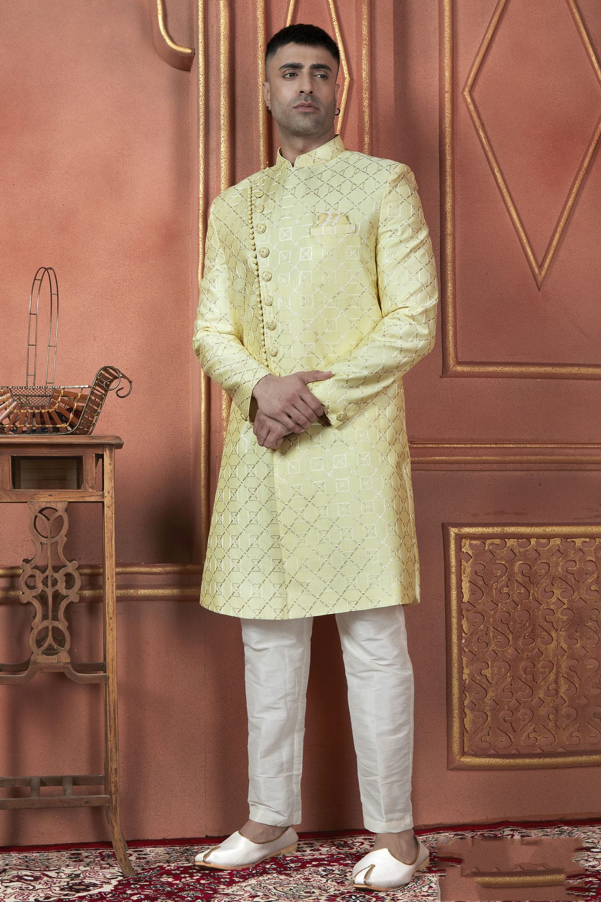 Yellow Colour Art Silk Indowestern Sherwani With Aligadhi Pant