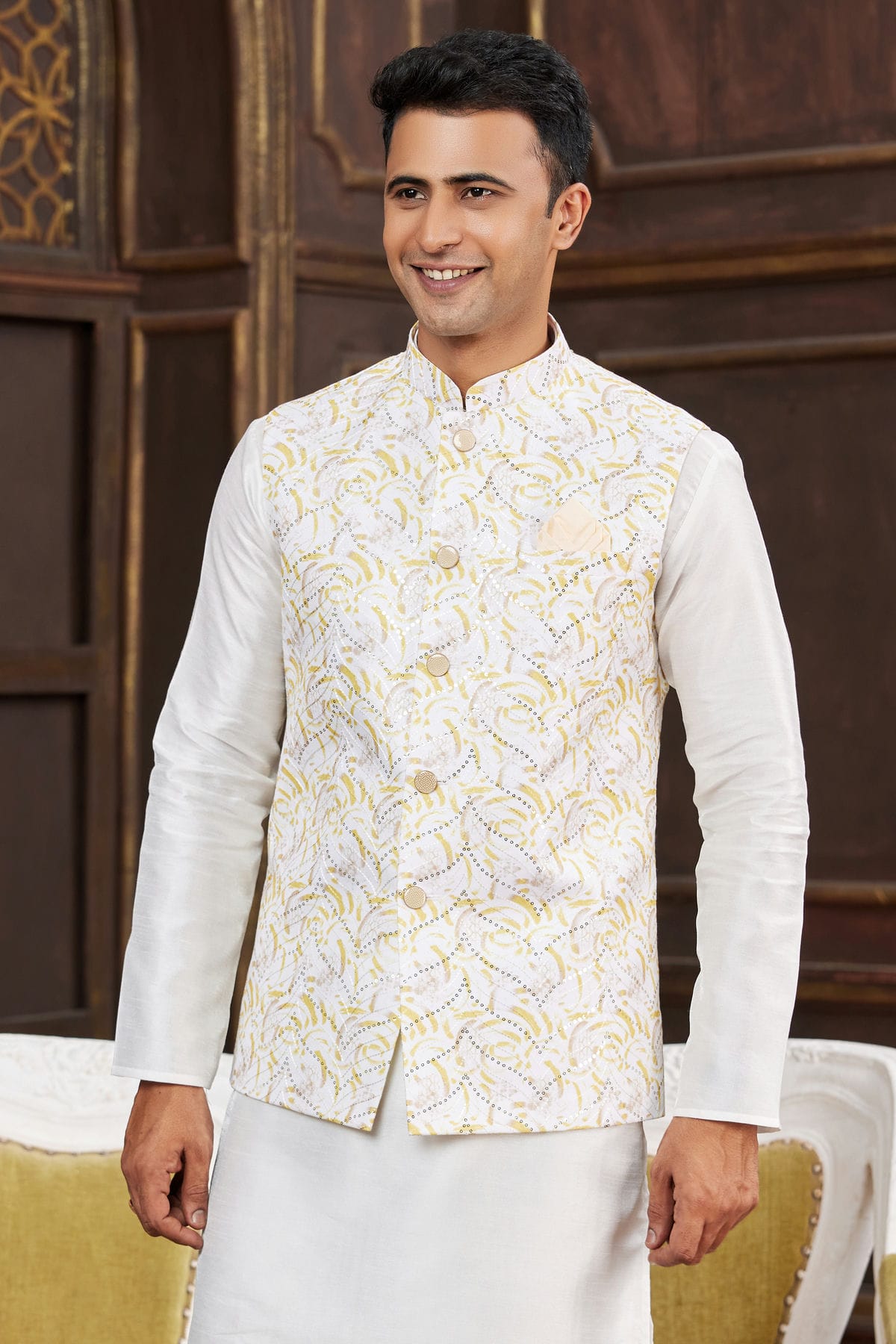 Yellow Colour Art Silk Kurta Pajama With Jacket VSKP1230264