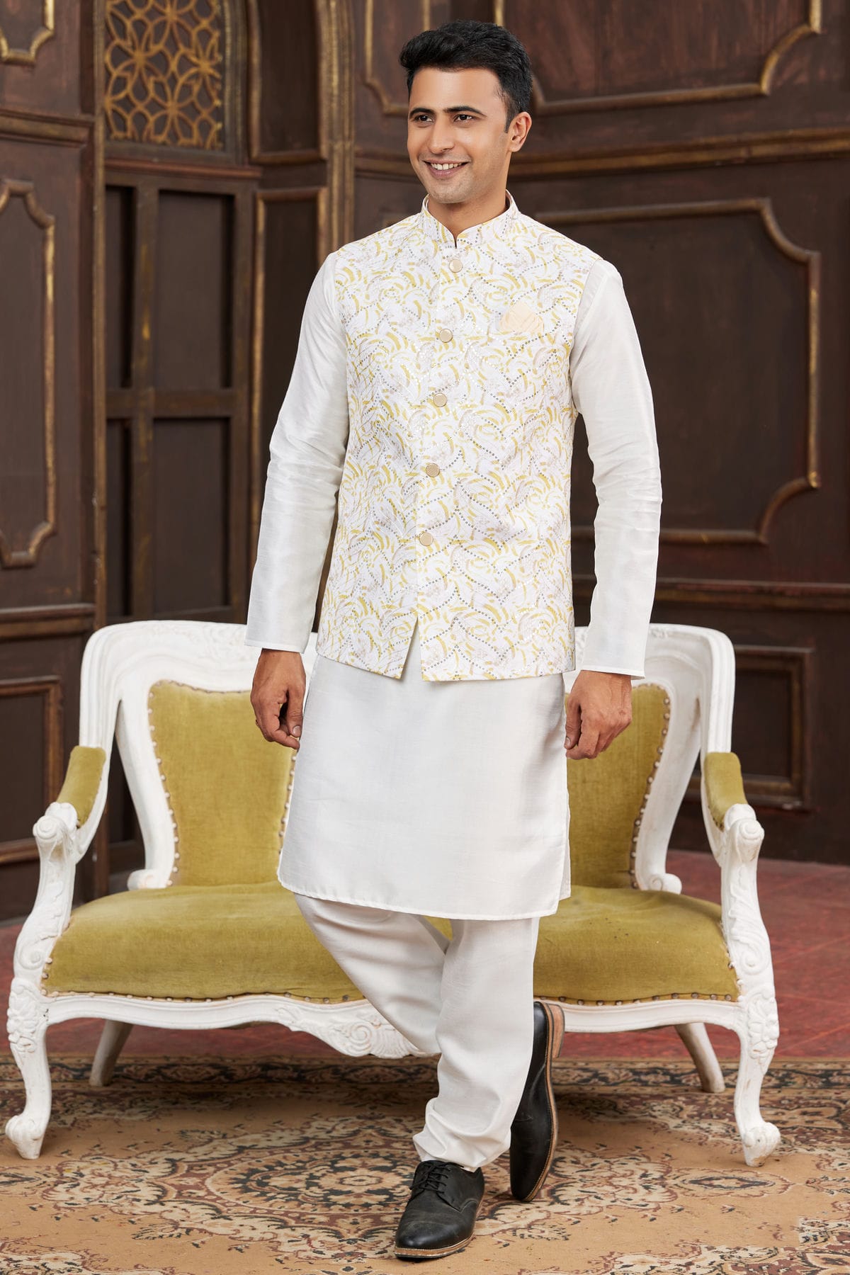 Yellow Colour Art Silk Kurta Pajama With Jacket