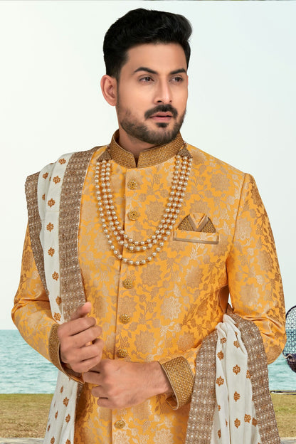 Yellow Colour Banarasi Jacquard Indo Western Sherwani VSSH1040511