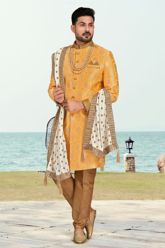 Yellow Colour Banarasi Jacquard Indo Western Sherwani VSSH1040511