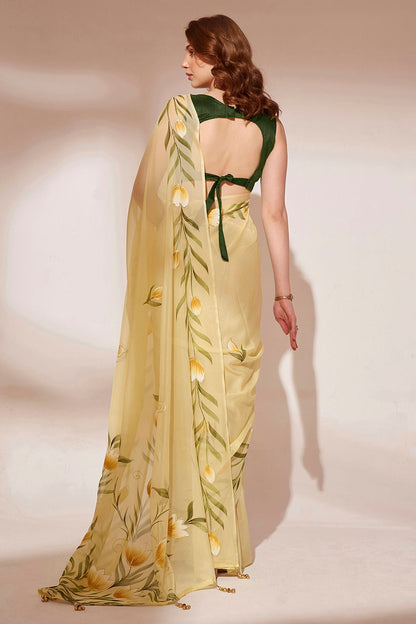 Yellow Colour Blooming Organza Saree