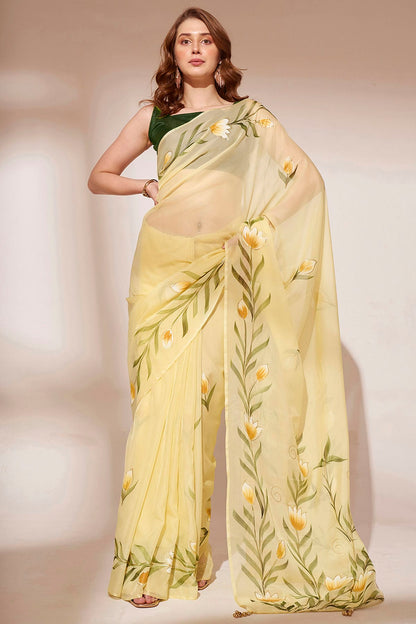 Yellow Colour Blooming Organza Saree