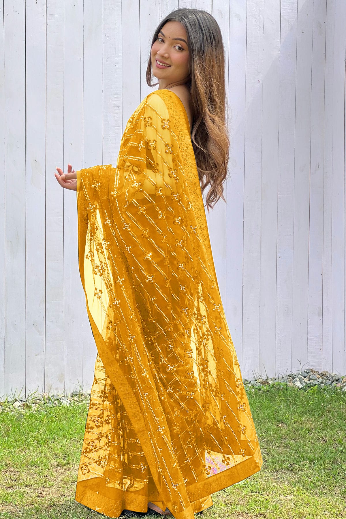 Yellow Colour Butterfly Net Designer Saree