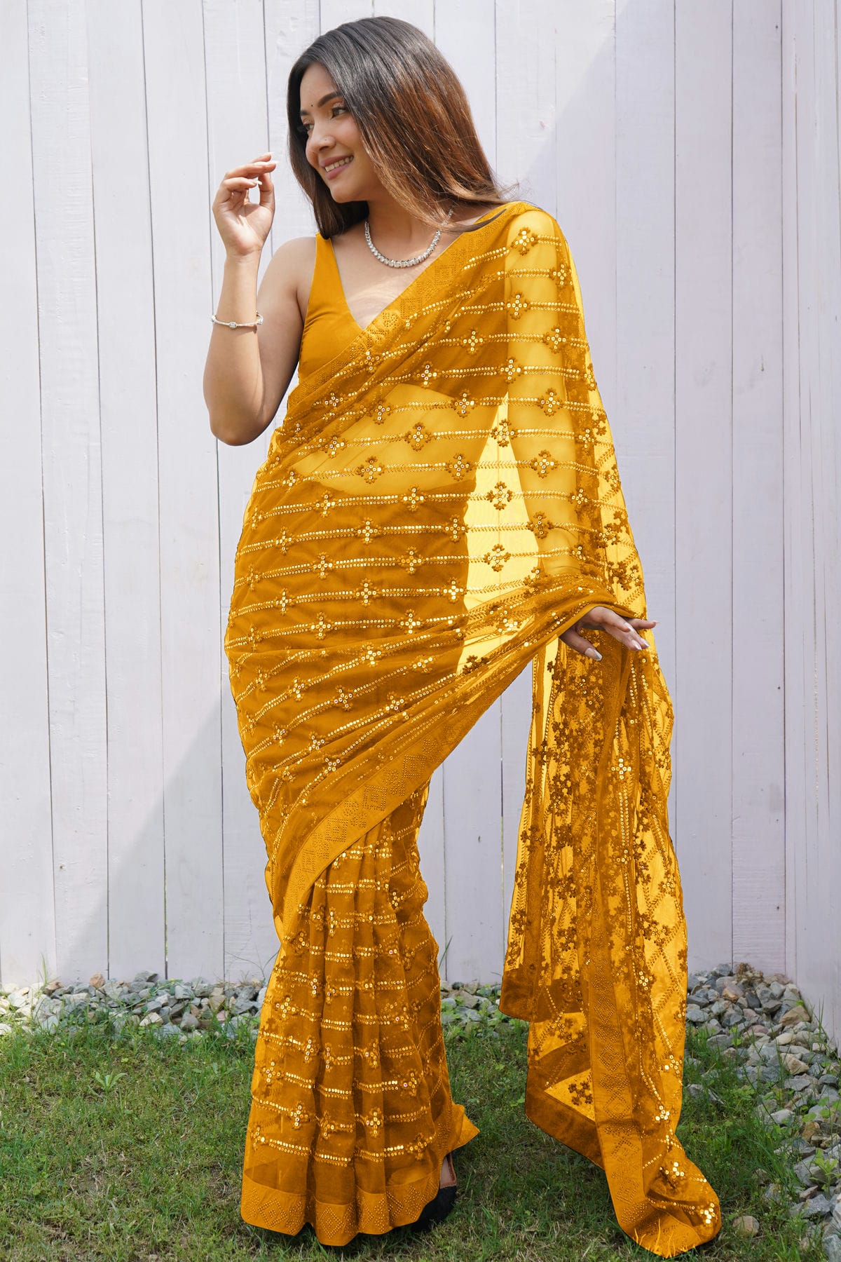 Yellow Colour Butterfly Net Designer Saree