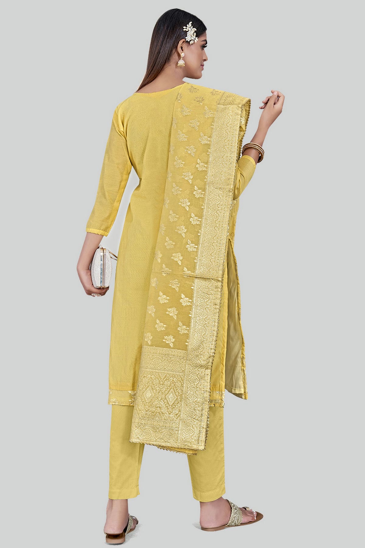 Yellow Colour Chanderi Silk Pant Style Suit