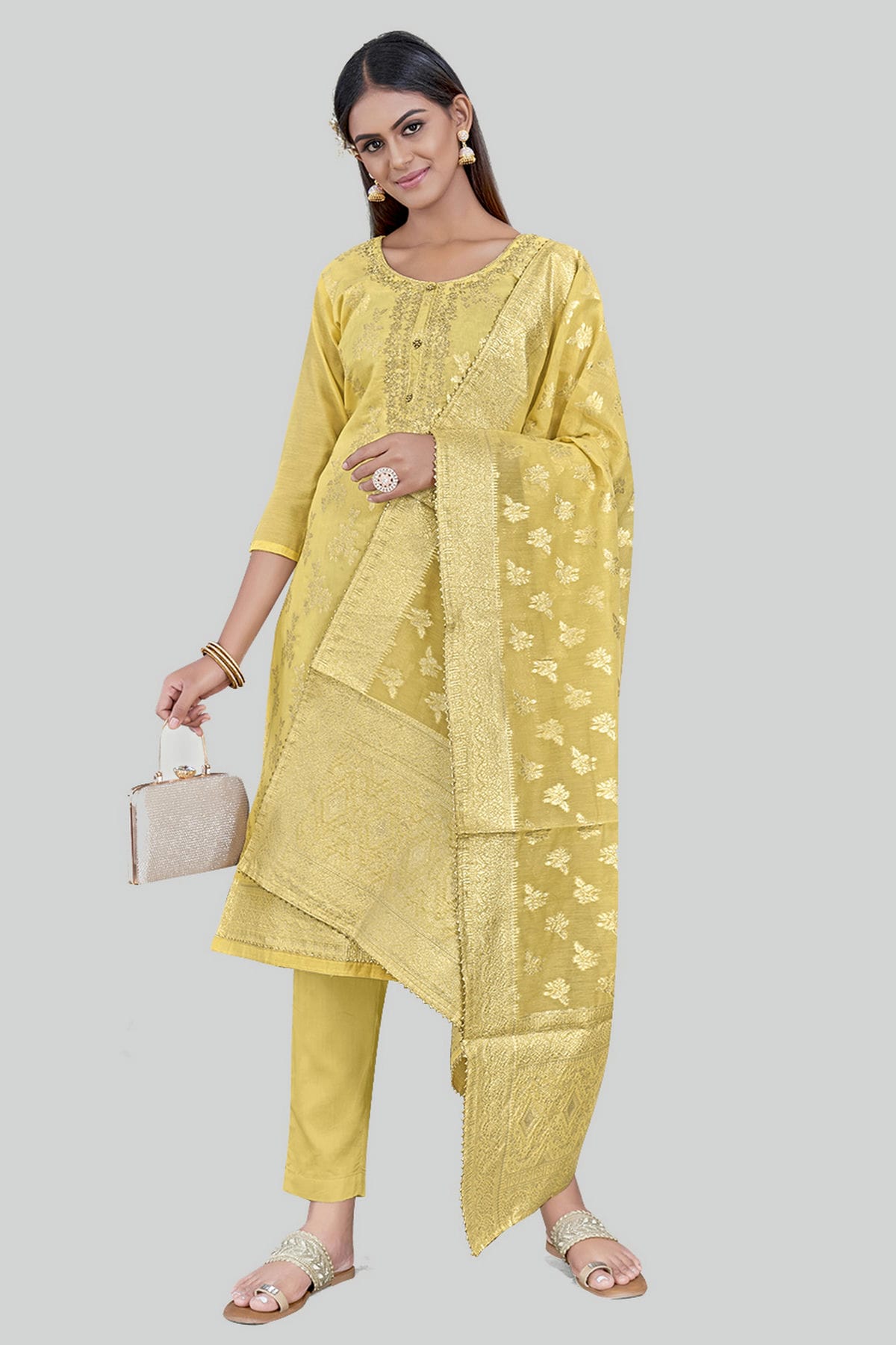 Yellow Colour Chanderi Silk Pant Style Suit