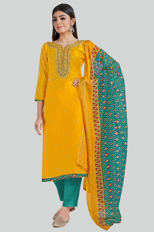 Yellow Colour Chanderi Silk Pant Style Suit