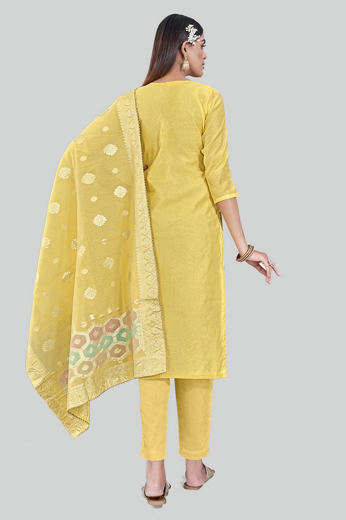 Yellow Colour Chanderi Silk Pant Style Suit