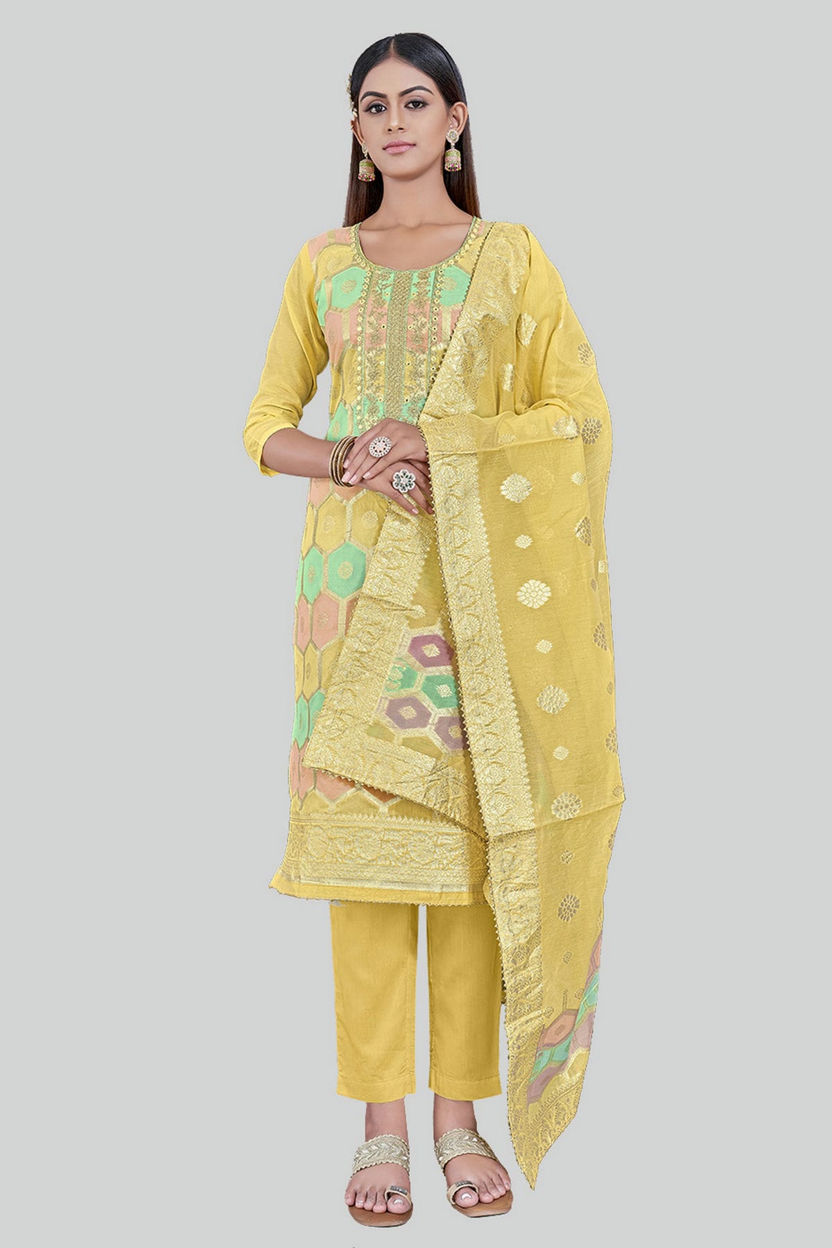 Yellow Colour Chanderi Silk Pant Style Suit