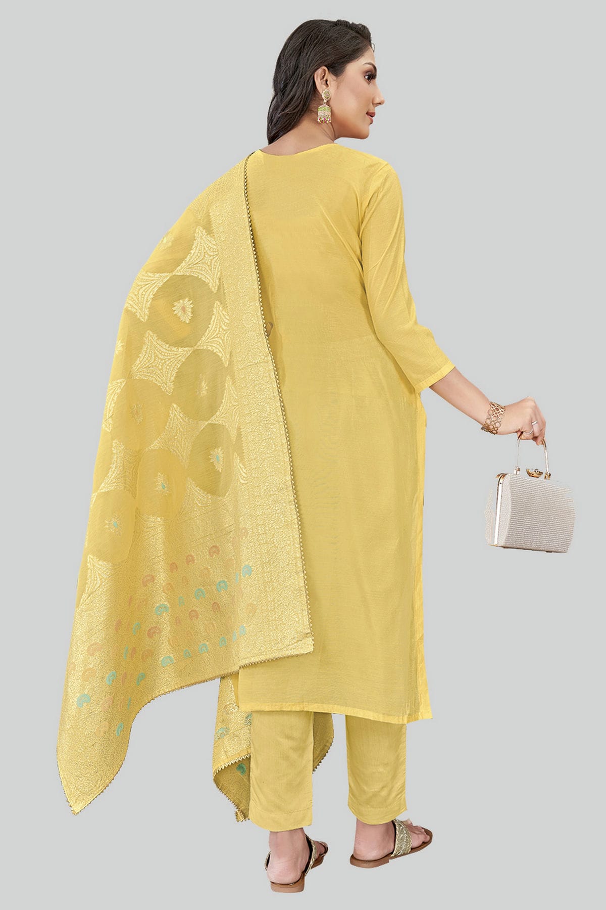 Yellow Colour Chanderi Silk Pant Style Suit