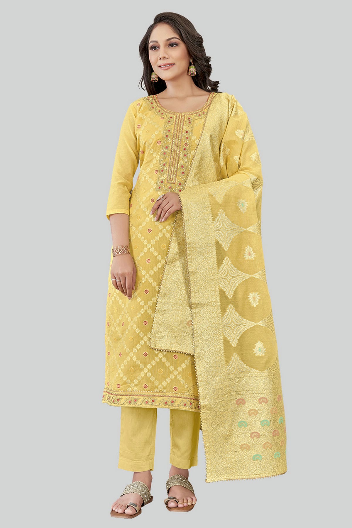 Yellow Colour Chanderi Silk Pant Style Suit