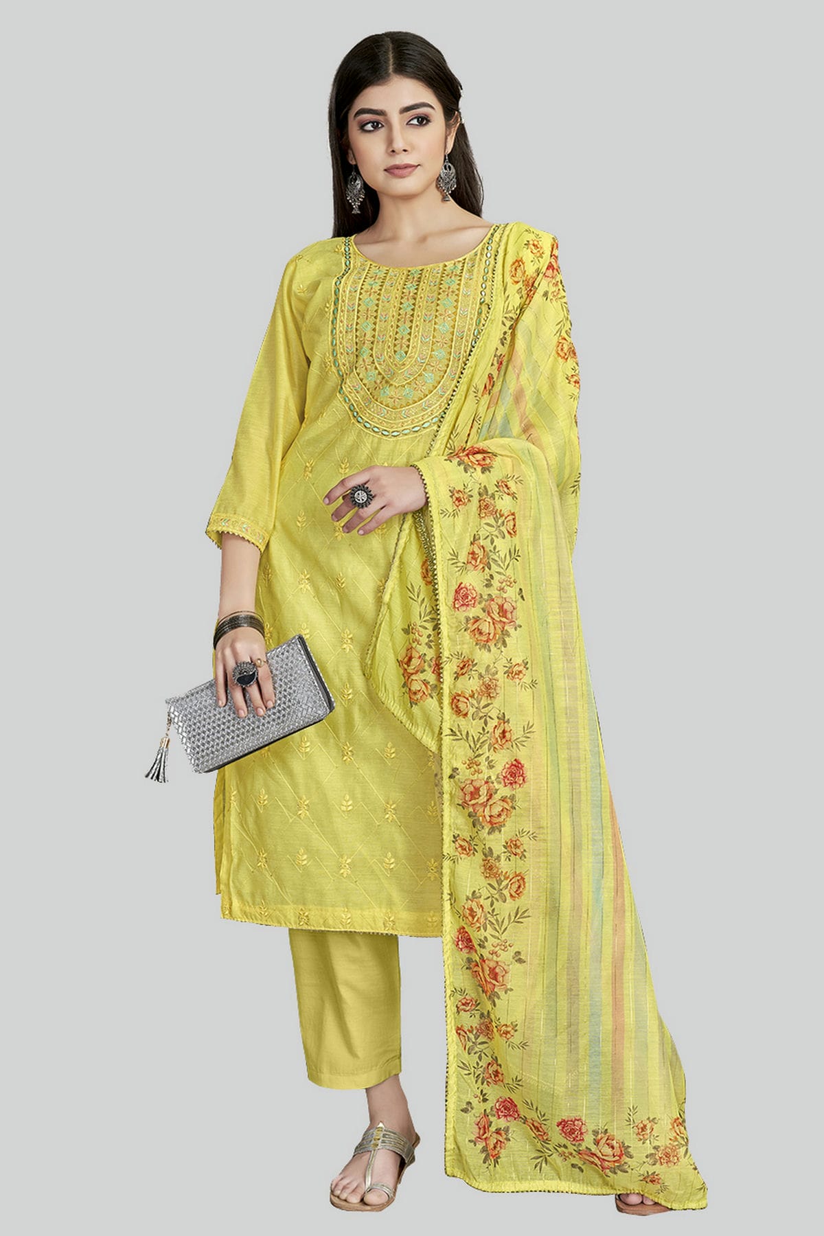 Yellow Colour Chanderi Silk Pant Style Suit