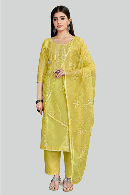 Yellow Colour Chanderi Silk Pant Style Suit