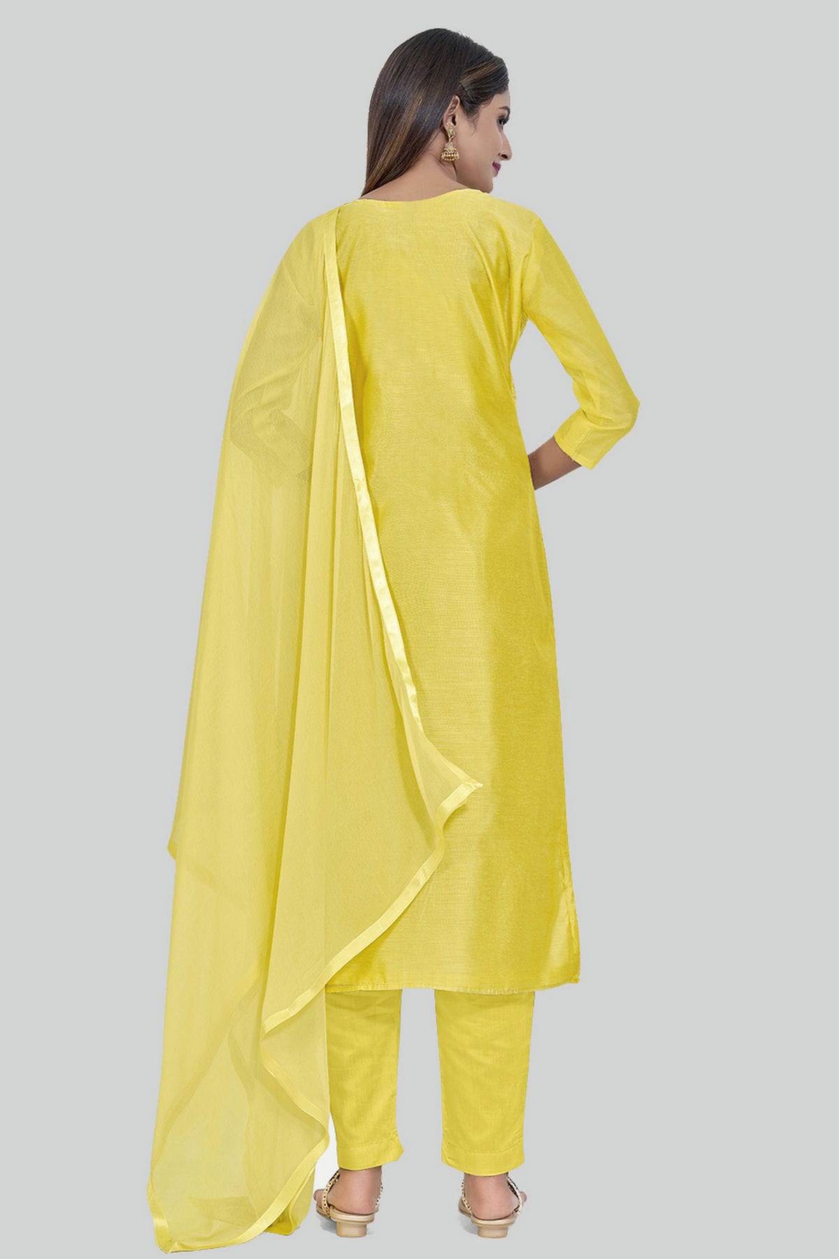 Yellow Colour Chanderi Silk Pant Style Suit