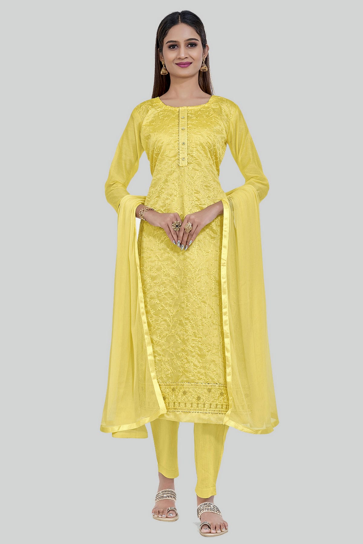 Yellow Colour Chanderi Silk Pant Style Suit